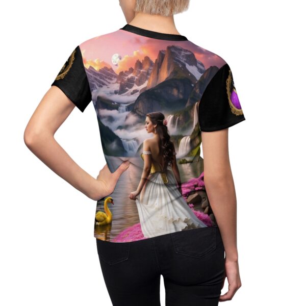 Women's Cut & Sew Tee (AOP) classically beautiful damsel scenes in alpine lakes and mountains with renaissance duck insignia on arms - Image 5