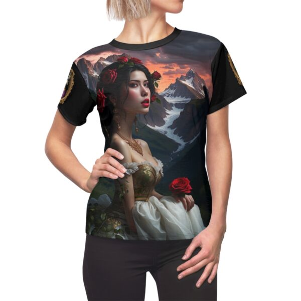 Women's Cut & Sew Tee (AOP) classically beautiful damsel scenes in alpine lakes and mountains with renaissance duck insignia on arms