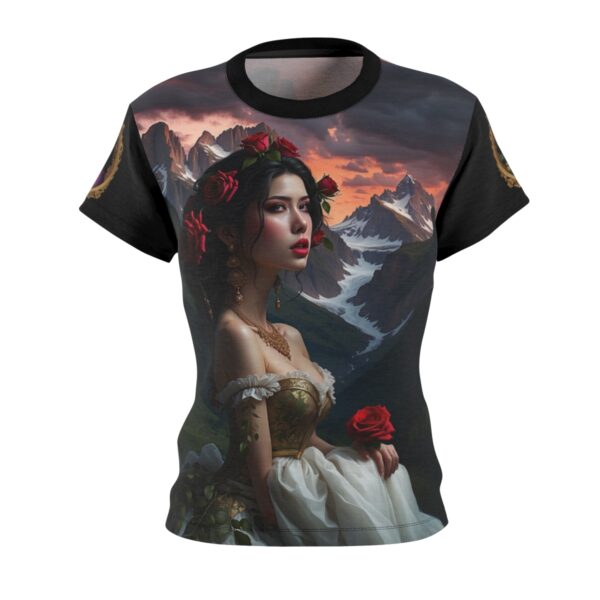 Women's Cut & Sew Tee (AOP) classically beautiful damsel scenes in alpine lakes and mountains with renaissance duck insignia on arms - Image 2