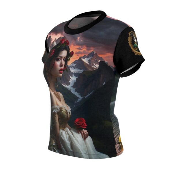 Women's Cut & Sew Tee (AOP) classically beautiful damsel scenes in alpine lakes and mountains with renaissance duck insignia on arms - Image 3