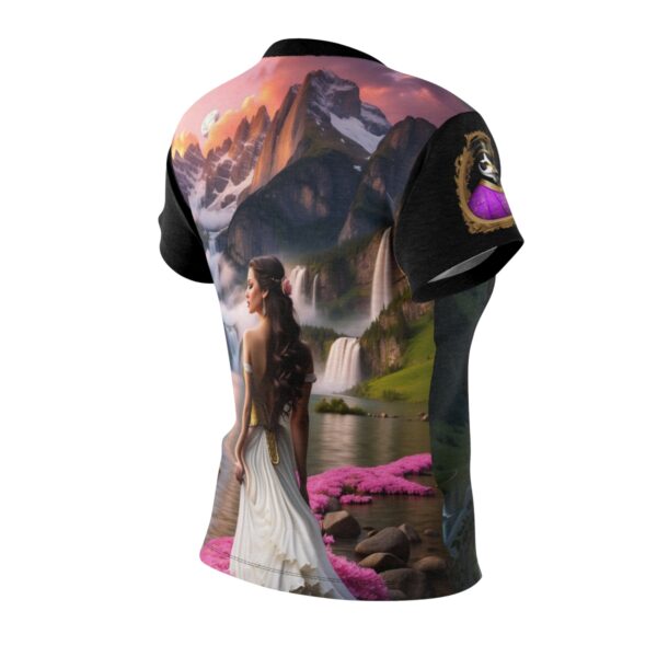 Women's Cut & Sew Tee (AOP) classically beautiful damsel scenes in alpine lakes and mountains with renaissance duck insignia on arms - Image 4