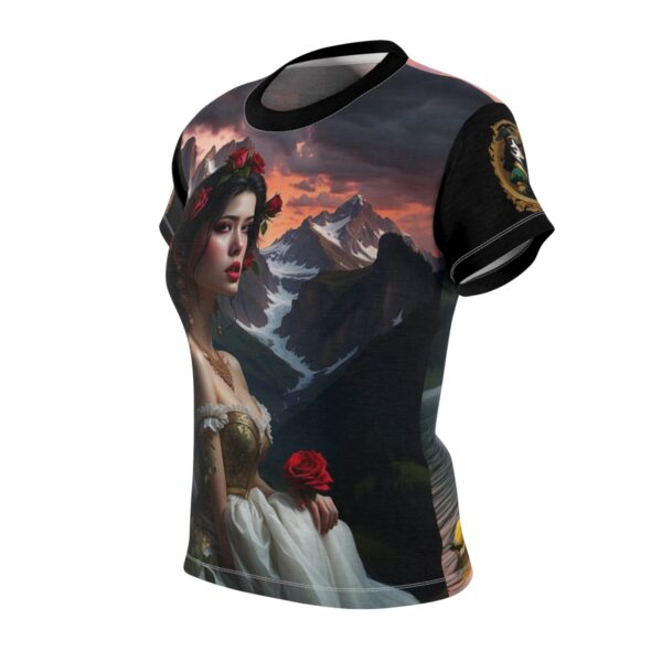 Women's Cut & Sew Tee (AOP) classically beautiful damsel scenes in alpine lakes and mountains with renaissance duck insignia on arms - Image 8