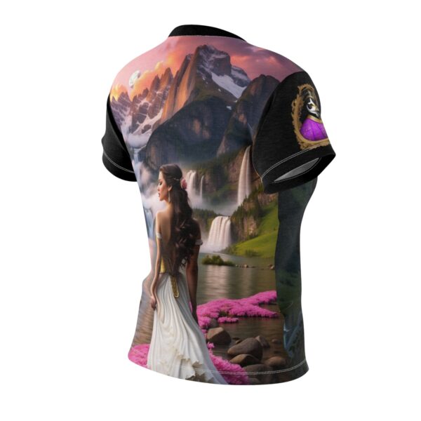 Women's Cut & Sew Tee (AOP) classically beautiful damsel scenes in alpine lakes and mountains with renaissance duck insignia on arms - Image 9